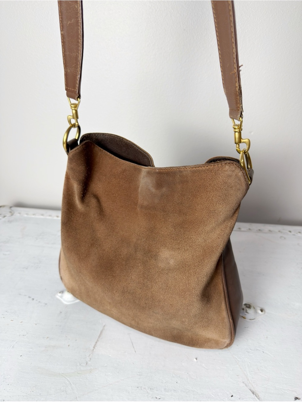 GUCCI Suede 2way Brown Gold Shoulder Bag Vintage Leather - Picture 3 of 15